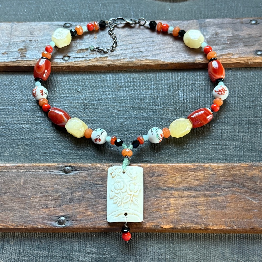 Multigemstone Sterling Silver Chinoiserie Beaded Choker Necklace, 15.75”